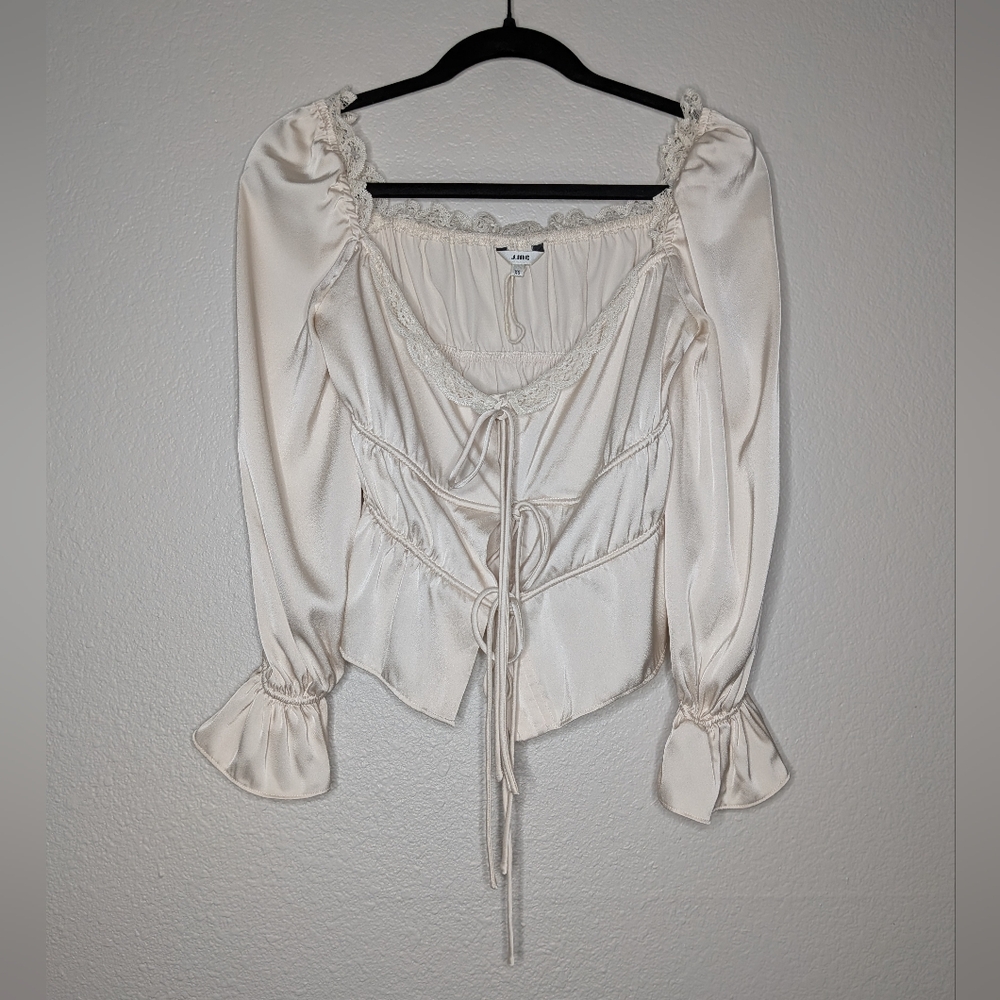 J.ING Ivory Cream Victorian Romantic Lace Tie Front Poet Sleeve Ruched Blouse XS